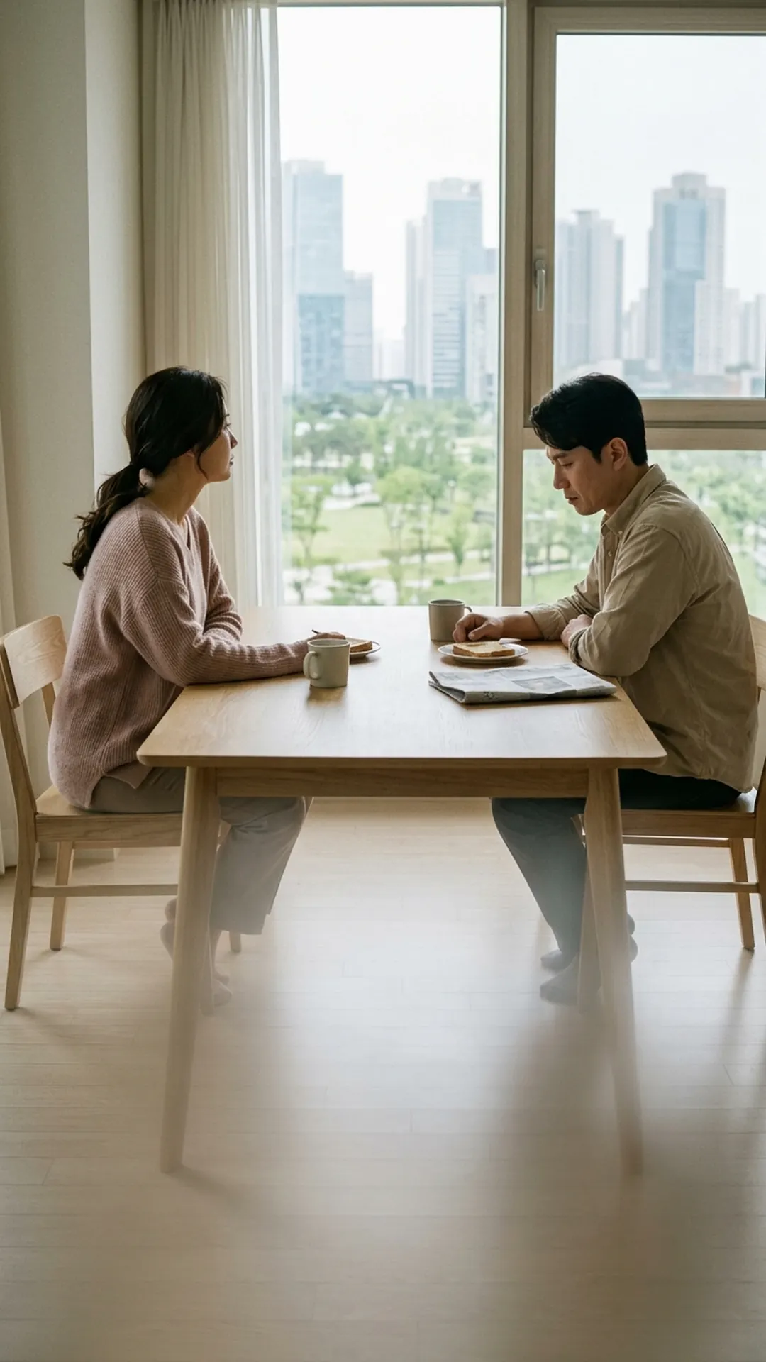 거실 식탁에 마주 앉아 이야기를 나누는 부부 — 연출 이미지