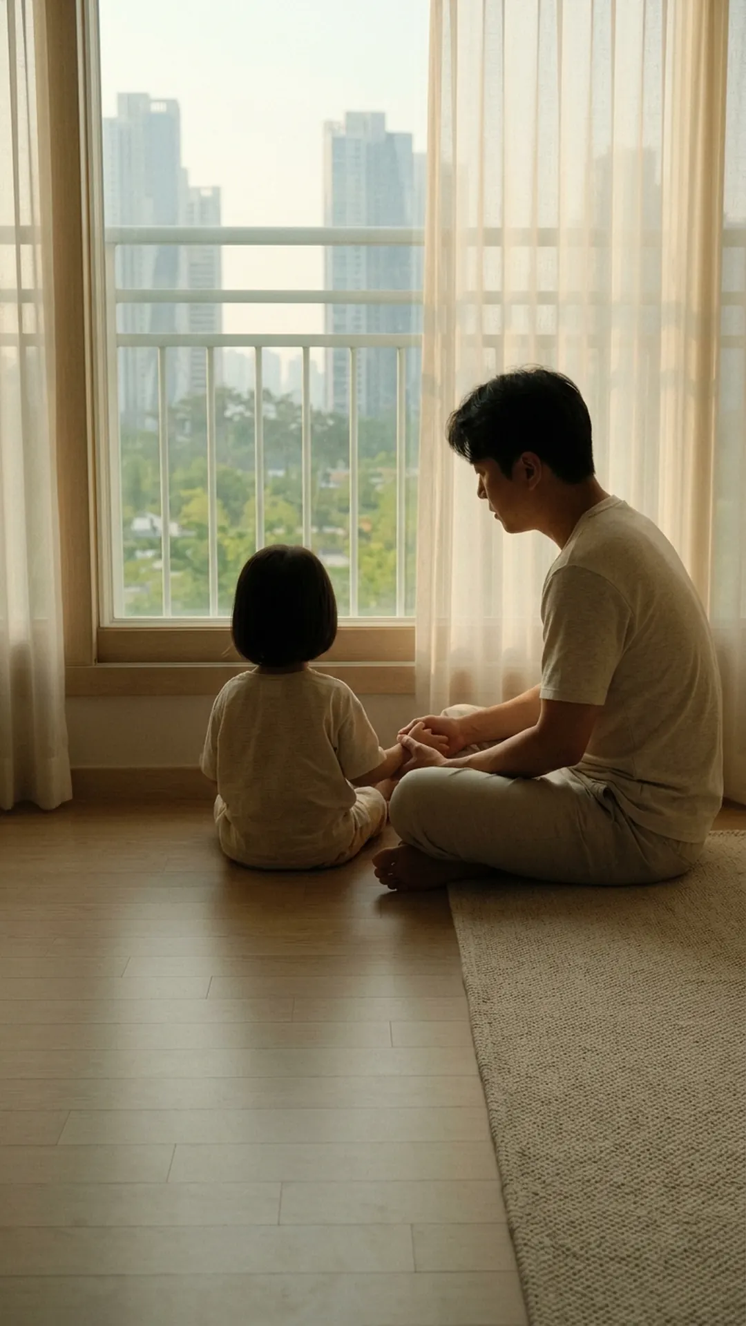 거실 바닥에서 아이와 마주 앉아 대화하는 부모 — 연출 이미지