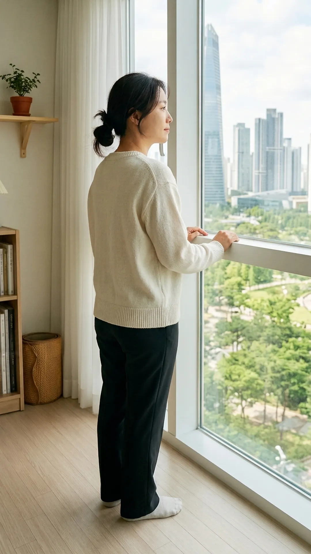 창가에 서서 생각에 잠긴 여성 — 연출 이미지